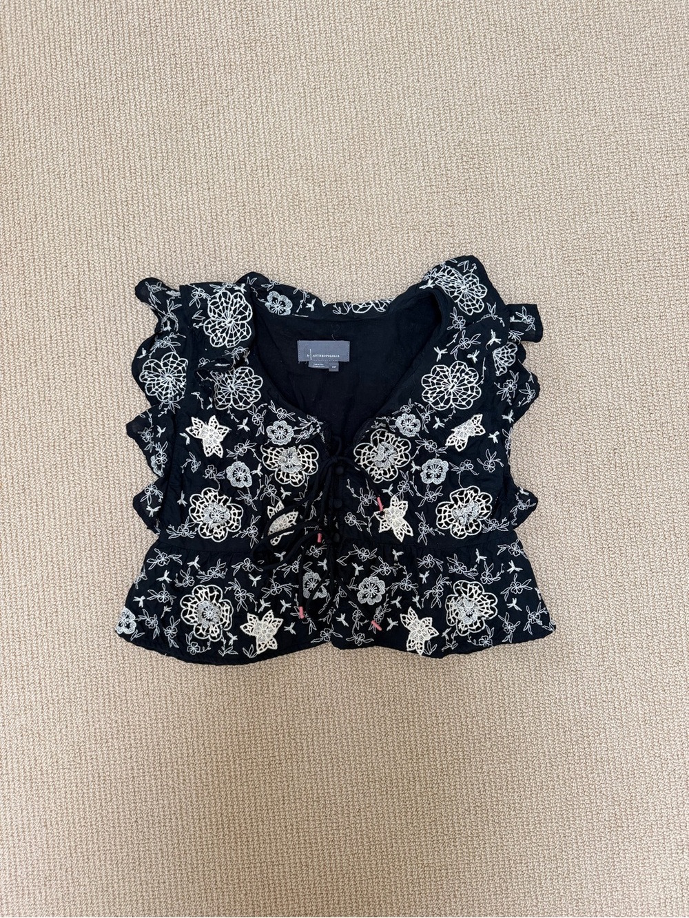Anthropologie Black Floral Eyelet Tie-Front Ruffle Top